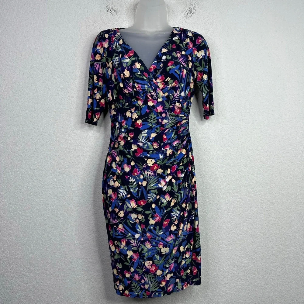 LRL Dress Womens Size 2 Floral‎ Short Sleeve Wrap Spring Romantic Easter Sheath